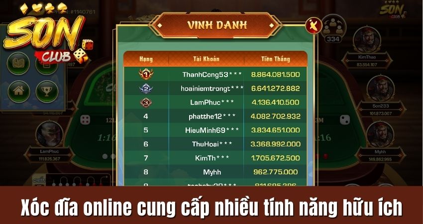 Xóc đĩa online cung cấp nhiều tính năng hữu ích